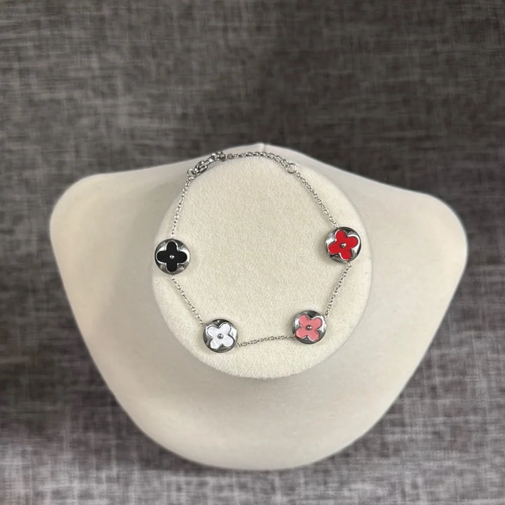 Elegant Silver Tone Multi Colored Round Clover Bracelet Stainless Steel